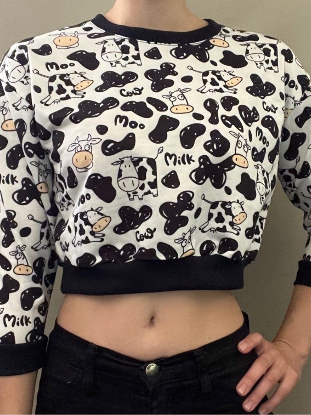 Cow / Moo Print Cropped Sweater Top, Small